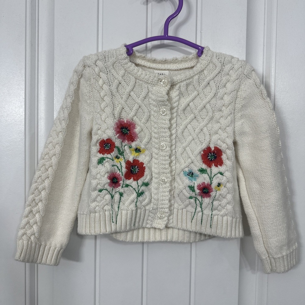 Baby Gap 18-24 Months Cable Knit Floral Embroidery Cardigan Ivory Frost Cotton